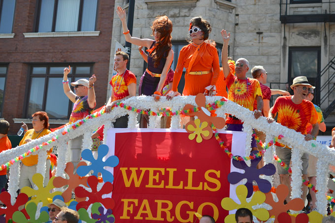 Wells Fargo sponsored float at the Chicago gay pride parade in 2013. Photo by flickr user nathanmac87