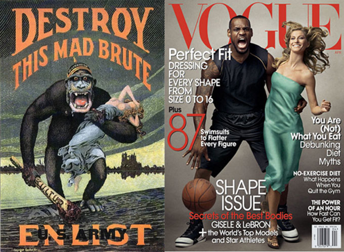 In this 2008 Vogue cover, basketball star Lebron James and supermodel Giselle Bundchen are proxies for presidential candidates Barack Obama and Hillary Clinton.