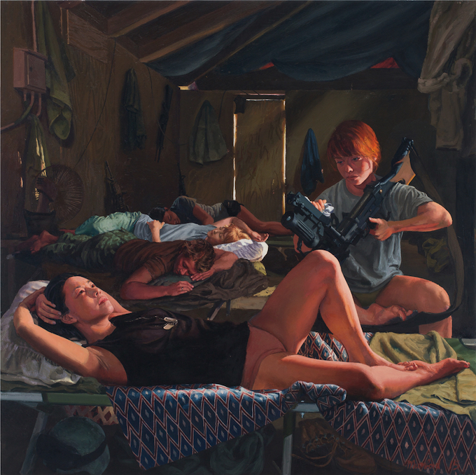 Steve Mumford, Female Barracks in Samarra, 2016. Oil on linen, 60 x 60 inches. Courtesy of the artist and Postmasters Gallery, New York. 