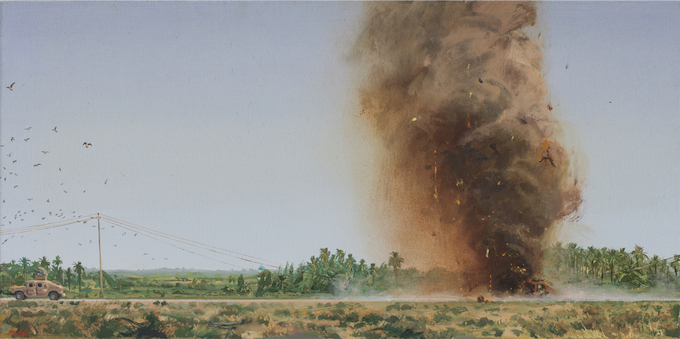 Steve Mumford, Large IED, 2009. Oil on linen, 18 x 36 inches. Courtesy of the artist and Postmasters Gallery, New York. 
