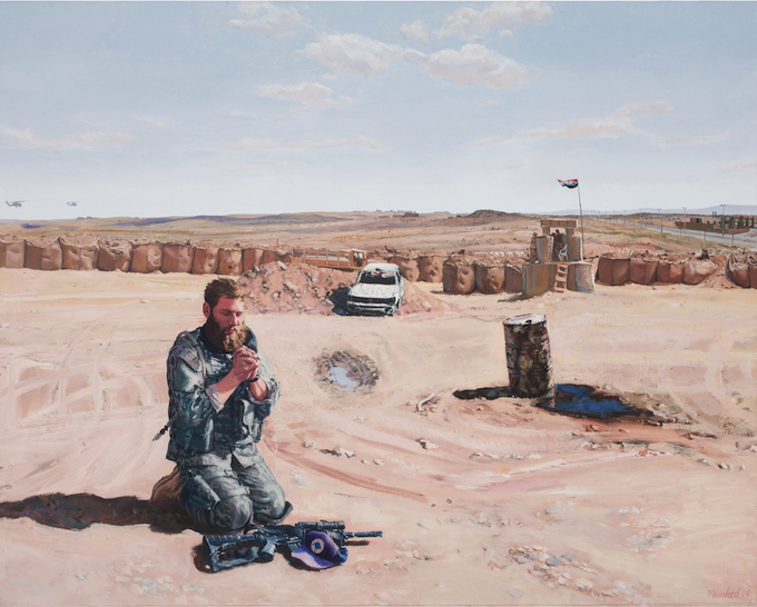 Steve Mumford, The Prayer, 2016. Oil on linen,  48 x 60 inches. Courtesy of the artist and Postmasters Gallery, New York. 