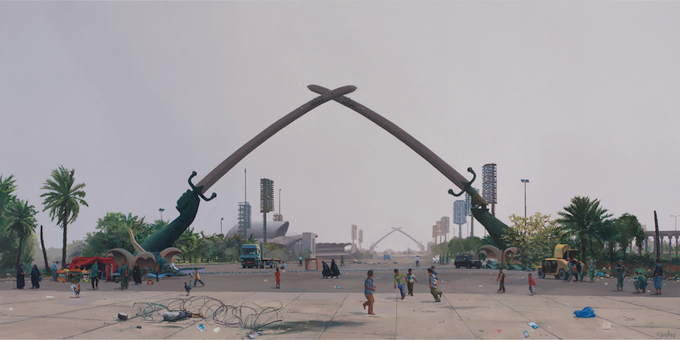 Steve Mumford, Crossed Swords Monument, 2016. Oil on canvas, 36 x 72 inches. Courtesy of the artist and Postmasters Gallery, New York. 